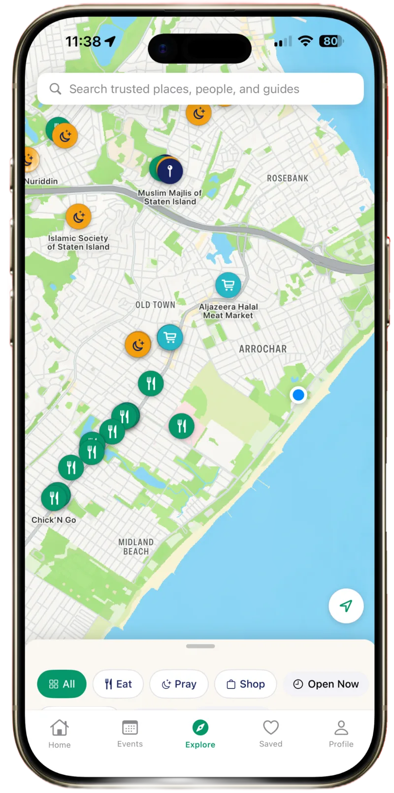 The Souq iPhone app showing halal restaurants, mosques, and shops on a map